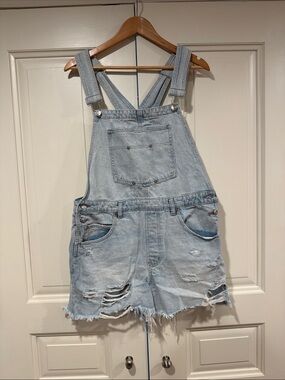 We The Free Light Wash Distressed Denim Short Overalls